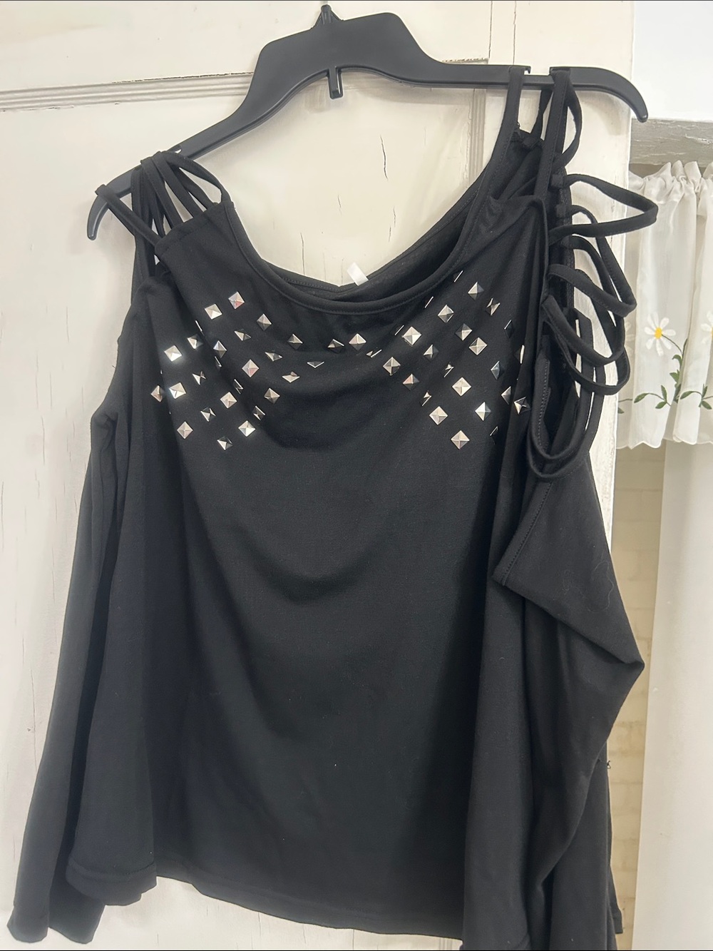 Black Studded Cold-Shoulder Women's Top